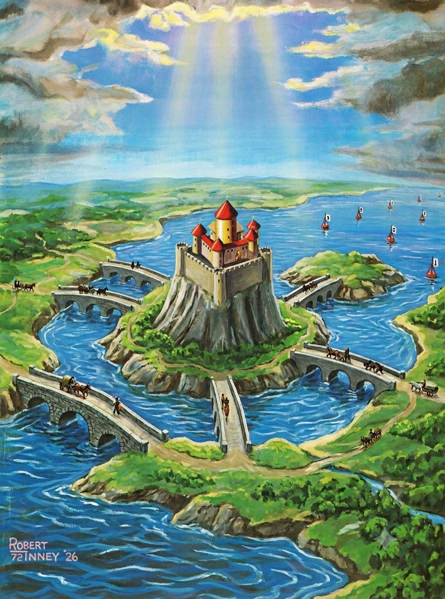 A fantastic castle on an island connected to the surrounding lands by many stone bridges